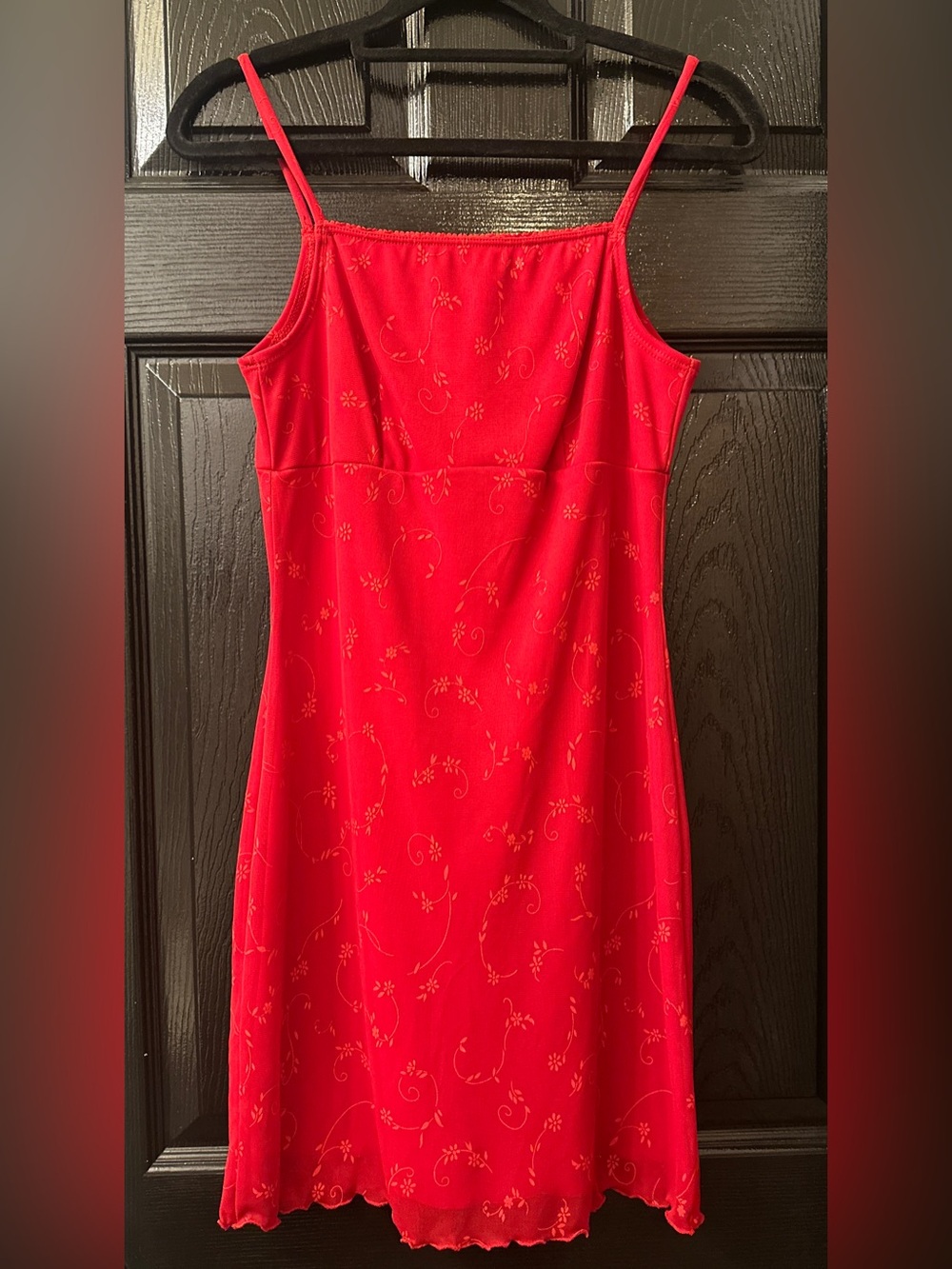 Hana Red Spaghetti-Strap Dress Subtle Sparkly Floral Print Lettuce Hem Preowned